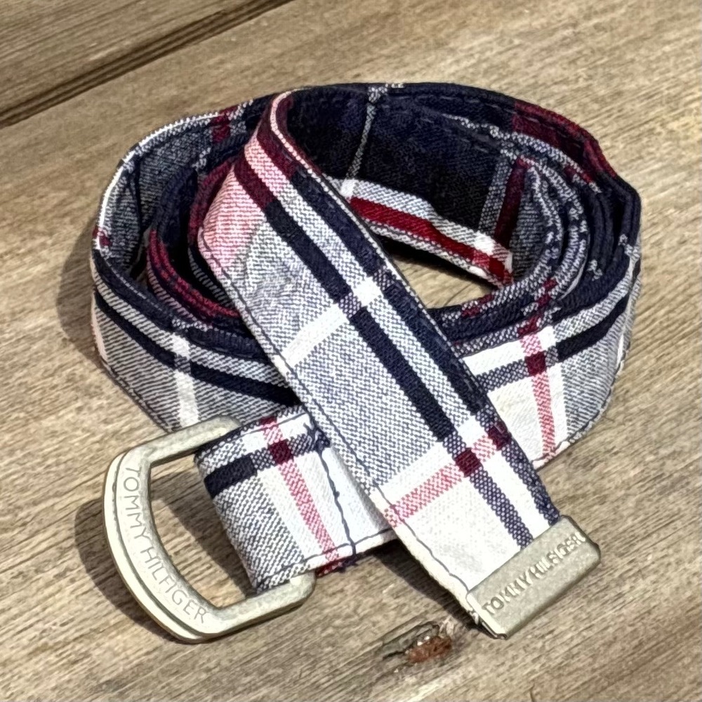 Tommy Hilfiger Belt Plaid D-Ring Webbing Navy Red White 34.5 Inch Preppy